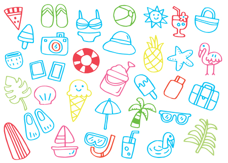Hand drawn doodle set of Summer objects.のイラスト素材