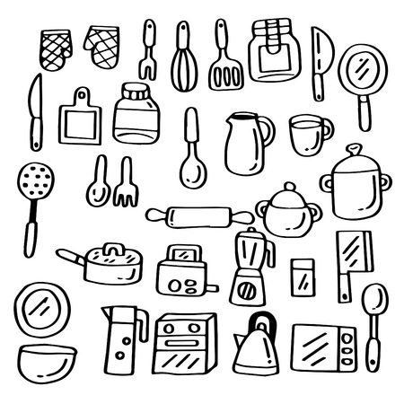 Hand drawn doodle set of Kitchenware.のイラスト素材
