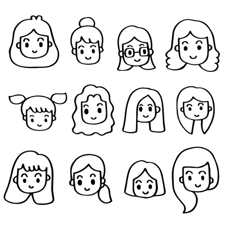Hand drawn doodle set of Female Face.のイラスト素材