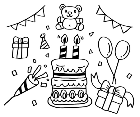 Hand drawn doodle set of Happy Birthday objects.のイラスト素材