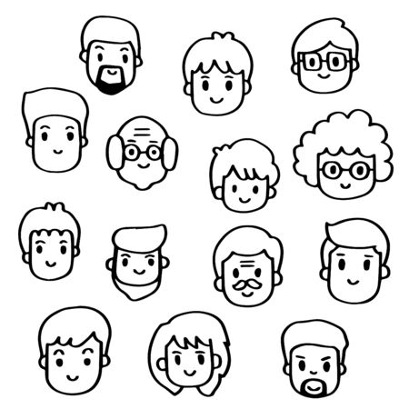 Hand drawn doodle set of Male Face.のイラスト素材