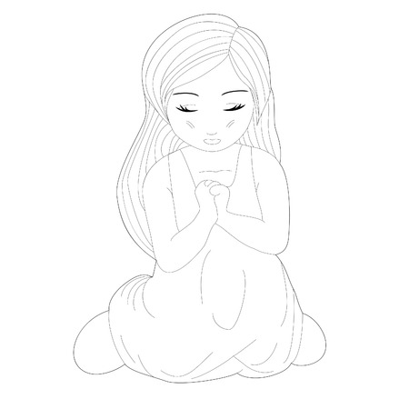 Sketch of A Cute Little Pretty Girl Kneeling and Prayingのイラスト素材