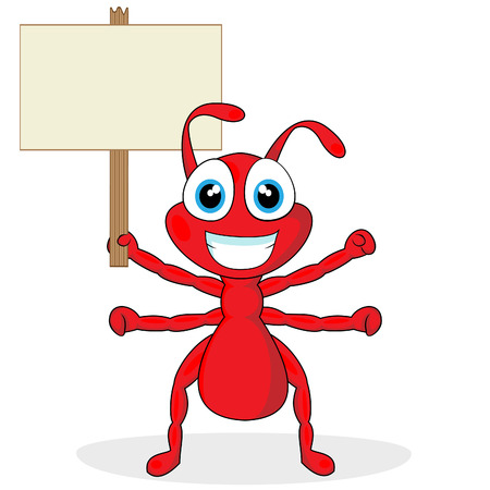 cute little red ant with wood sign のイラスト素材