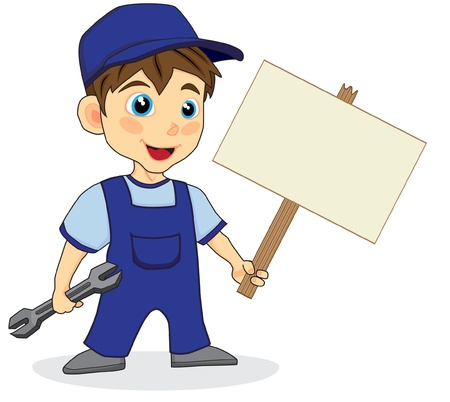 cute mechanic boy with wood sign のイラスト素材