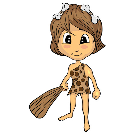 Illustration of Isolated Cartoon Stone Age Cute Cave Girl. Vector EPS 8.のイラスト素材