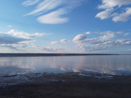 View of the pink salty Syvash lake in Kherson region, Ukraineの写真素材