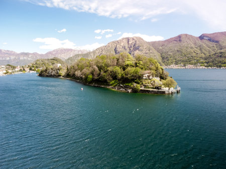 Aerial panoramic view over beautiful lake Como between Italy and Switzerland.の写真素材