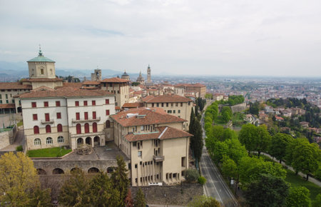 Bergamo, Italy. Amazing aerial landscape at the old town during a wonderful sunny day. View from lower city. Bergamo one of the beautiful city in Italy View of the ancient walls.