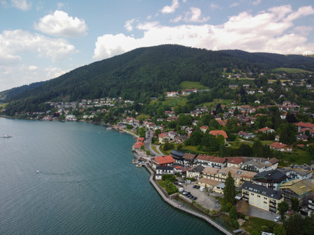 view with mountains, a blue sky in the clouds, of a lake in Bavaria,Germanyの写真素材