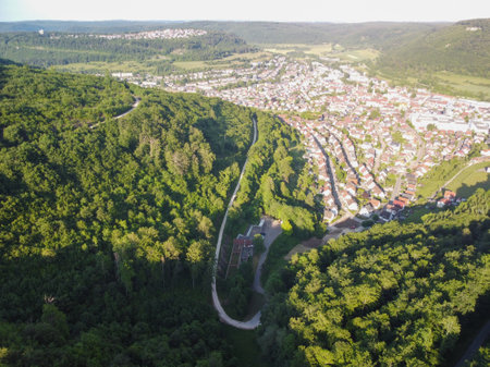 High angle view of colorful village in the middle of mountain in Germanyの写真素材