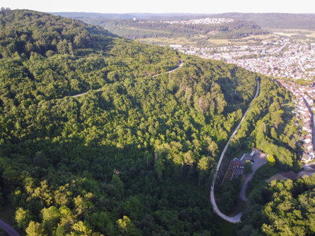 High angle view of village in the middle of mountain in Germanyの写真素材