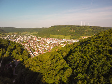 High angle view of colorful village in the middle of mountain in Germanyの写真素材