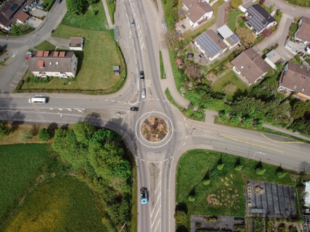 The roundabout road aerial view that newly developed. Summer sunny day.