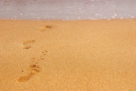 Footprints from childrens feet in the clear sea sandの写真素材