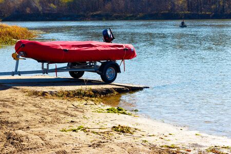 Trailer boat preparing for fishingの写真素材