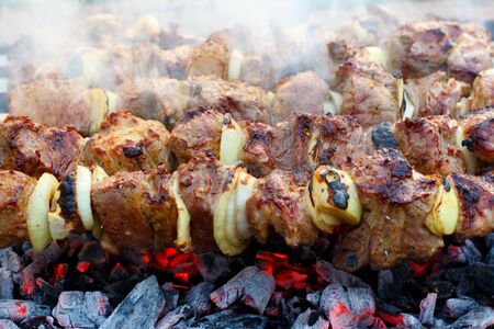 Cooking barbecue on the grill. Burning coals on the grill, barbecue with meat on skewers. Picnic in nature, chicken cooked on a fire, smoke from a fire.の写真素材