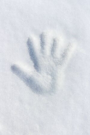 An imprint of a child's palm on the snowy white fluffy snow.の写真素材