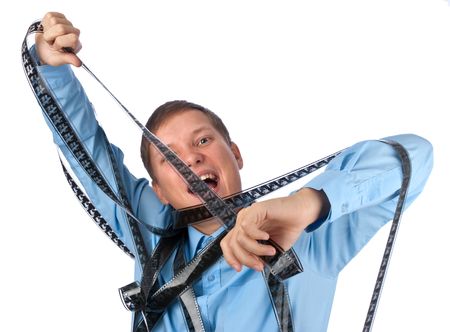 Man hold old film. isolated on white backgroundの写真素材