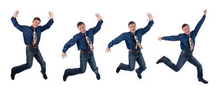 man jumping with joy isolated on white backgroundの写真素材