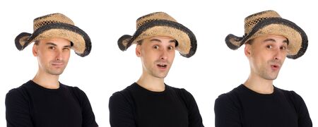 portrait of funny man isolated on whiteの写真素材