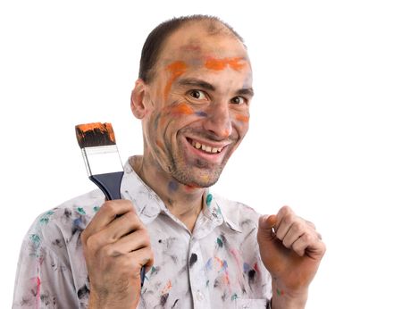  Funny and some mad young man with painted hands and faceの写真素材