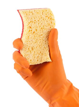 Hand in orange glove with sponge isolated on white backgroundの写真素材