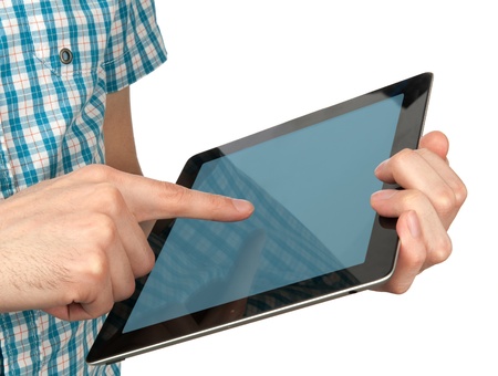 male hand holding a touchpad pc
