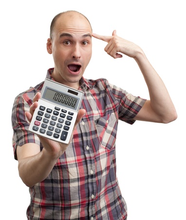 Shocked man with calculator. Isolated on whiteの写真素材