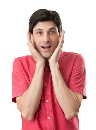 surprised man isolated on white backgroundの写真素材