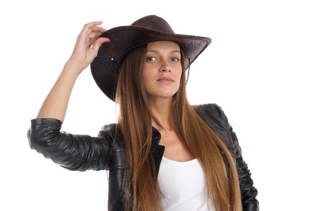 young woman in cowboy hat. Isolated on white backgroundの写真素材