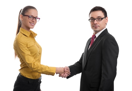 Cheerful businesspeople handshaking. Isolated on whiteの写真素材