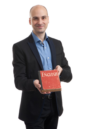 Business man learning English. Isolated on whiteの写真素材