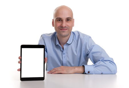man presenting something on a tablet computerの写真素材