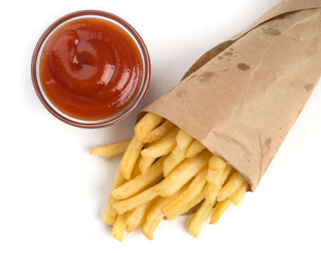 French fries with ketchup on white