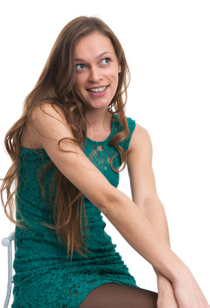 Young beautiful sexy brunette smiling woman isolated on whiteの写真素材