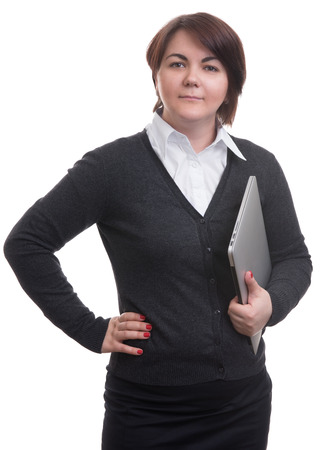 businesswoman with laptop computer isolated on a whiteの写真素材