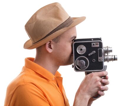 man with retro camera isolated on white backgroundの写真素材