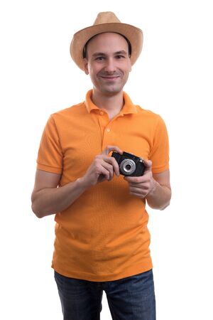 photographer with retro camera isolated on white backgroundの写真素材