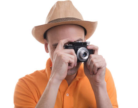 photographer with retro camera isolated on white background