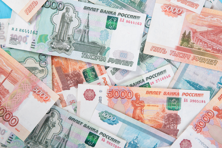 close up of Russian money Rouble Banknotes backgroundの写真素材