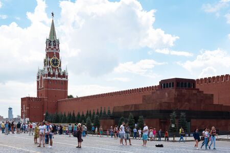 MOSCOW - August 04, 2016: Moscow Kremlin. Spasskaya Tower, Tourists on Red Square. Russia