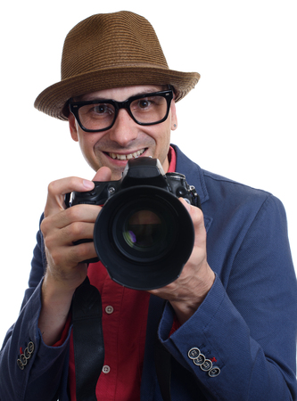 Male photographer with a camera, isolated on white backgroundの写真素材