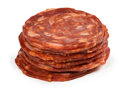 slices of salami isolated on white background. Dry sausageの写真素材