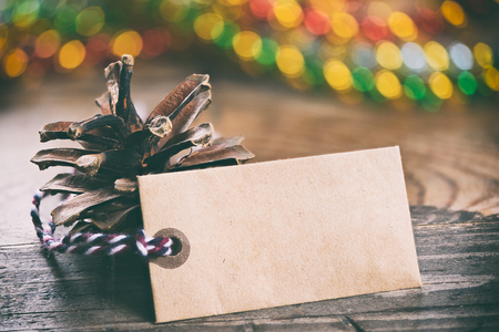 christmas still life. Pine cones and blank tag with copy spaceの写真素材