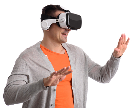 happy young man with virtual reality headset or 3d glasses. Isolated on white background