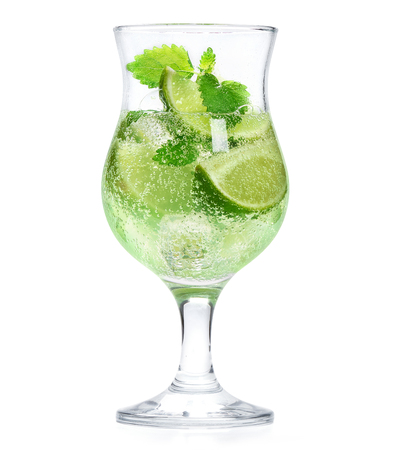 fresh lemonade glass. Lime with mint cocktail isolated on whiteの写真素材