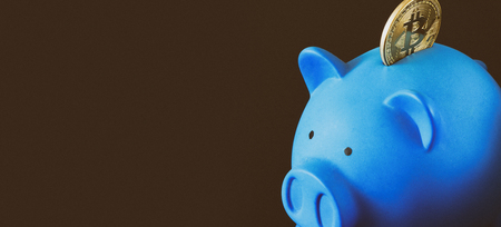 Golden Bitcoin. Physical bit coin. Digital currency wallet. Cryptocurrency and Piggy bankの写真素材