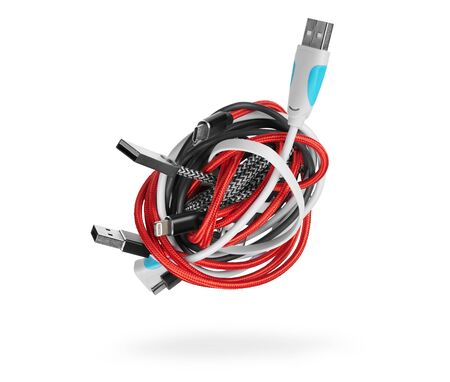 Tangled roll of computer wires isolated on white background