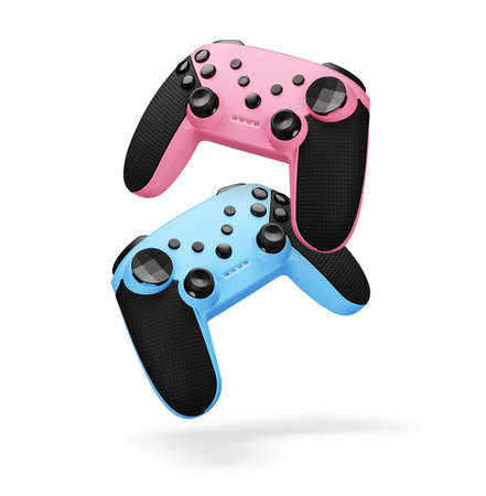 two modern joysticks. Video game controllers isolated on white background.