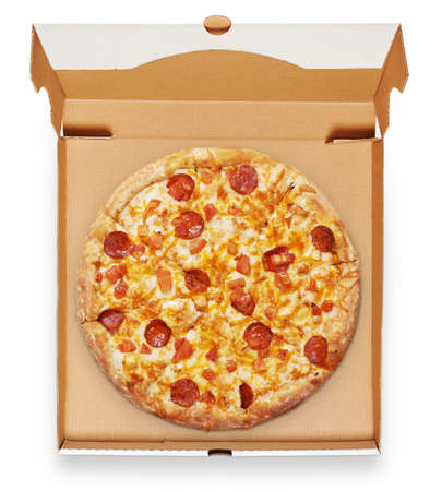 Pizza in a cardboard box view from above isolated on white background. Delivery conceptの写真素材
